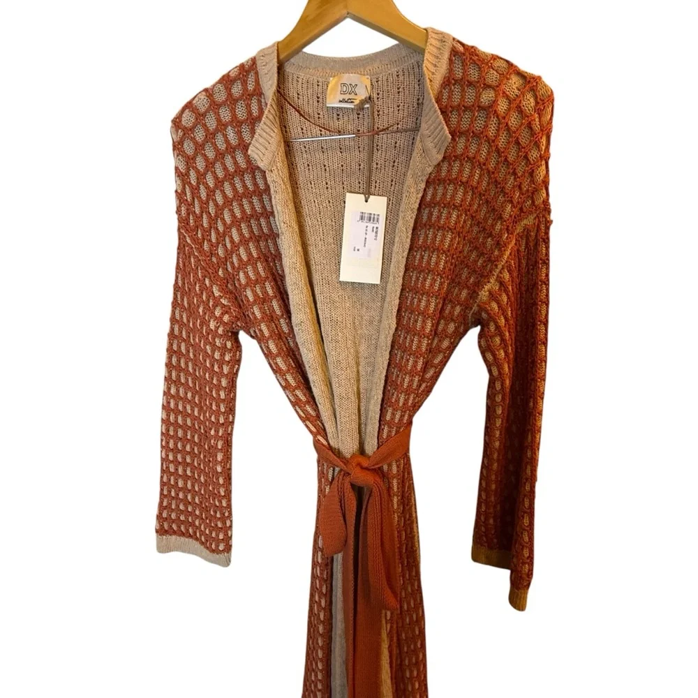 DX Collection Italy Rust and Beige 3D Windowpane Cottagecore Duster w Belt sz M